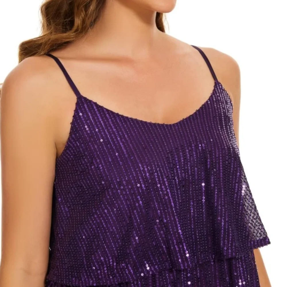 NWT Purple Sequin Tiered Spaghetti Strap Dress Size M - Picture 3 of 5